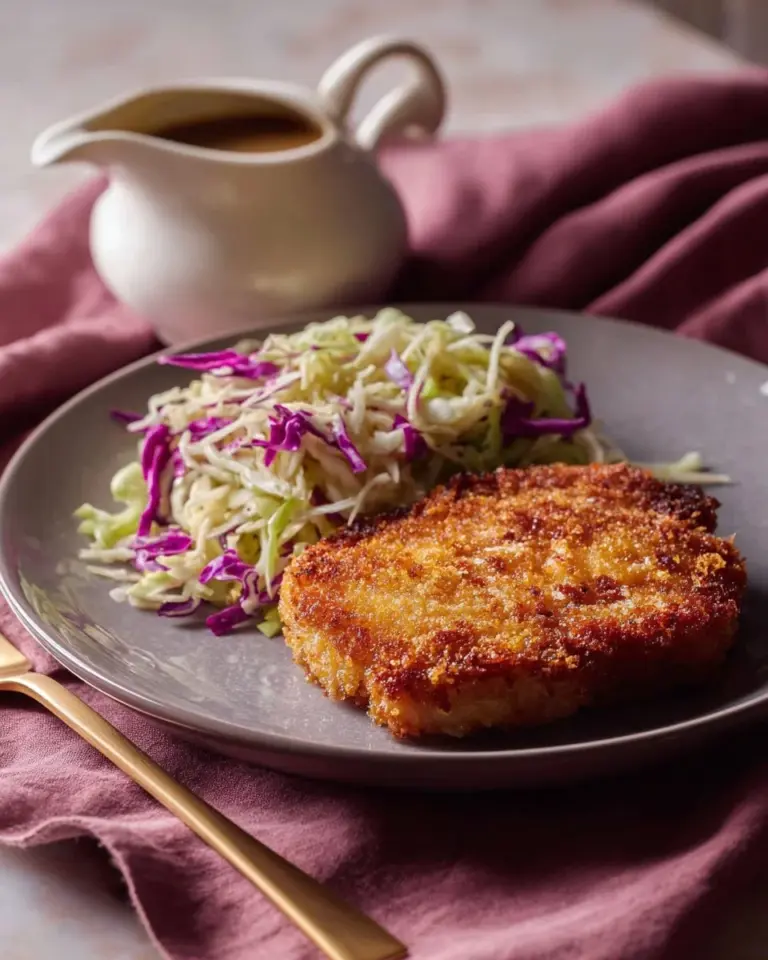 Delicious breaded Parmesan pork chops served on a plate with herbs.
