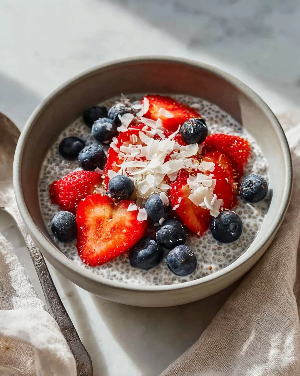 Bowl of creamy classic chia seed pudding topped with fresh fruits and nuts.