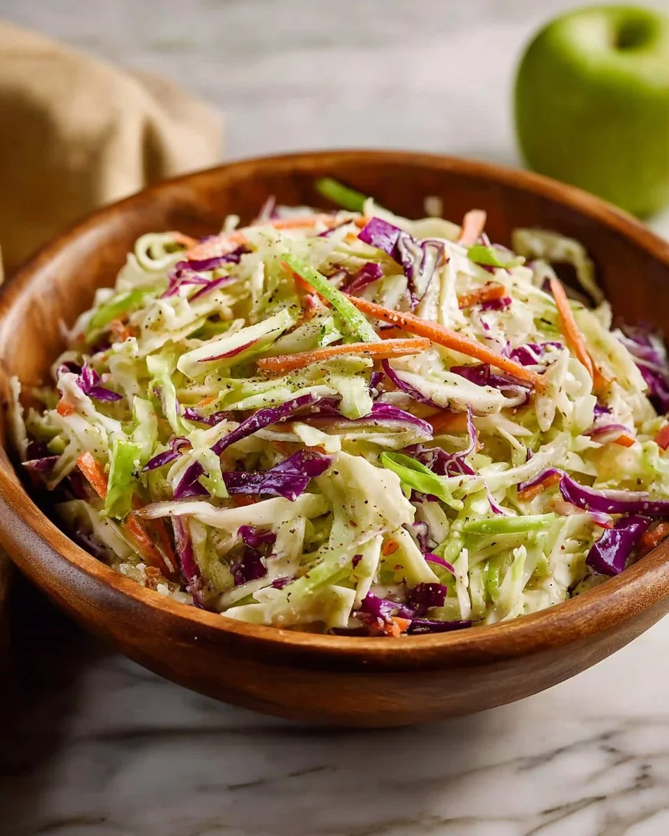 Bowl of coleslaw with apple and yogurt dressing topped with fresh herbs