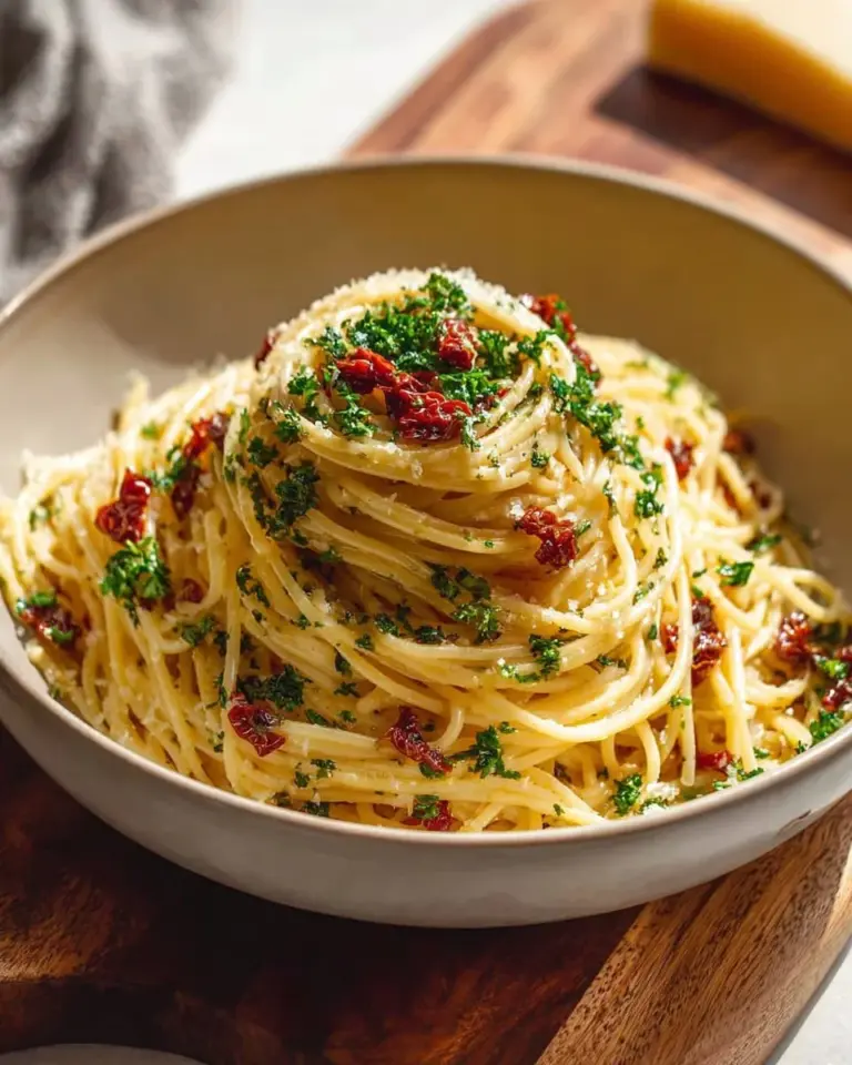 Delicious plate of Garlic Parmesan Spaghetti garnished with parsley