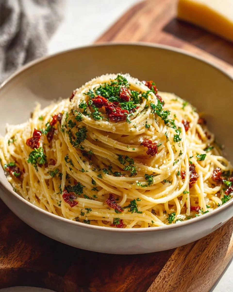 Delicious plate of Garlic Parmesan Spaghetti garnished with parsley