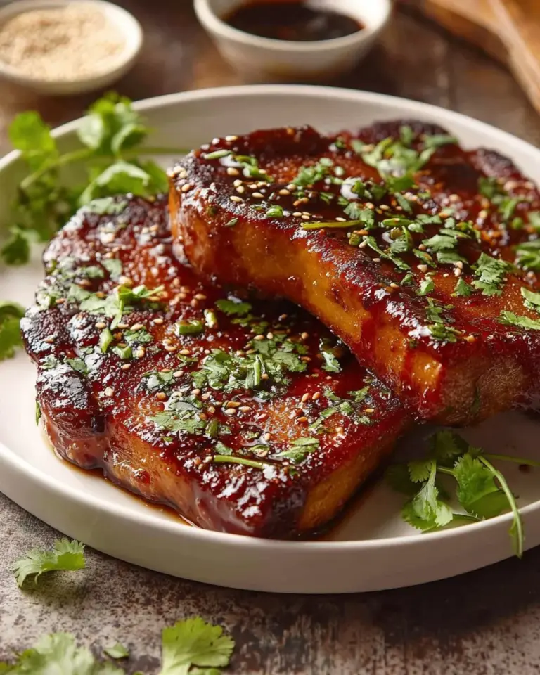 Delicious glazed Korean style pork chops served with vegetables.