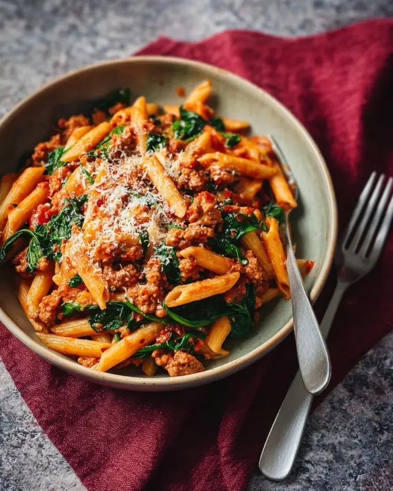 Ground Turkey and Spinach Penne served in a bowl with herbs and cheese
