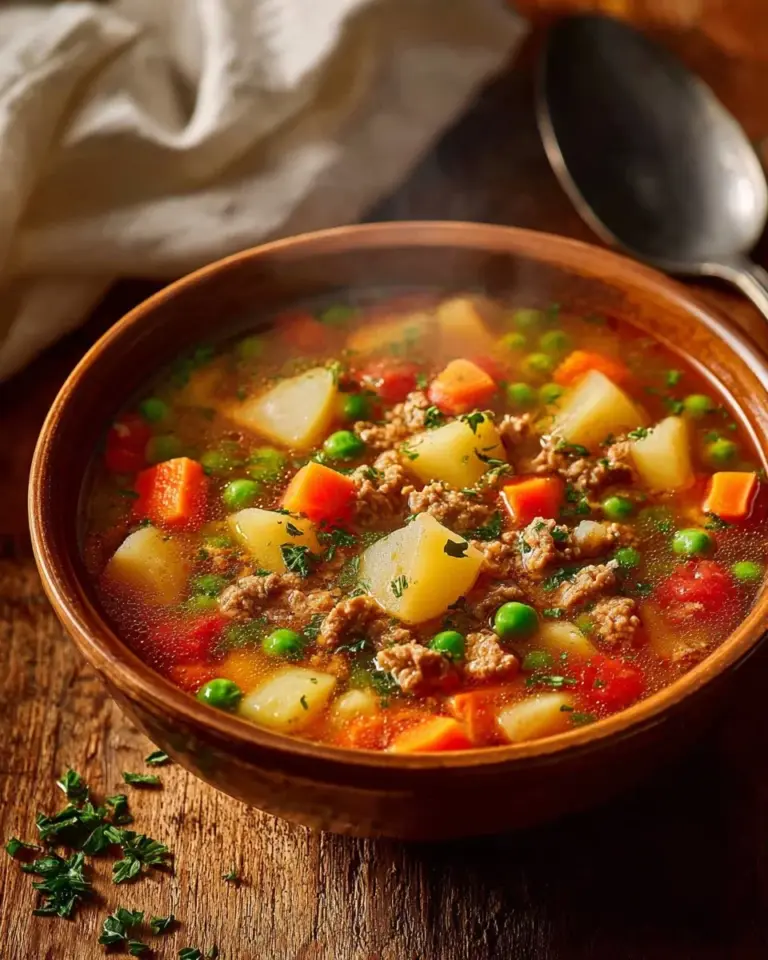 Delicious bowl of ground turkey soup garnished with fresh herbs