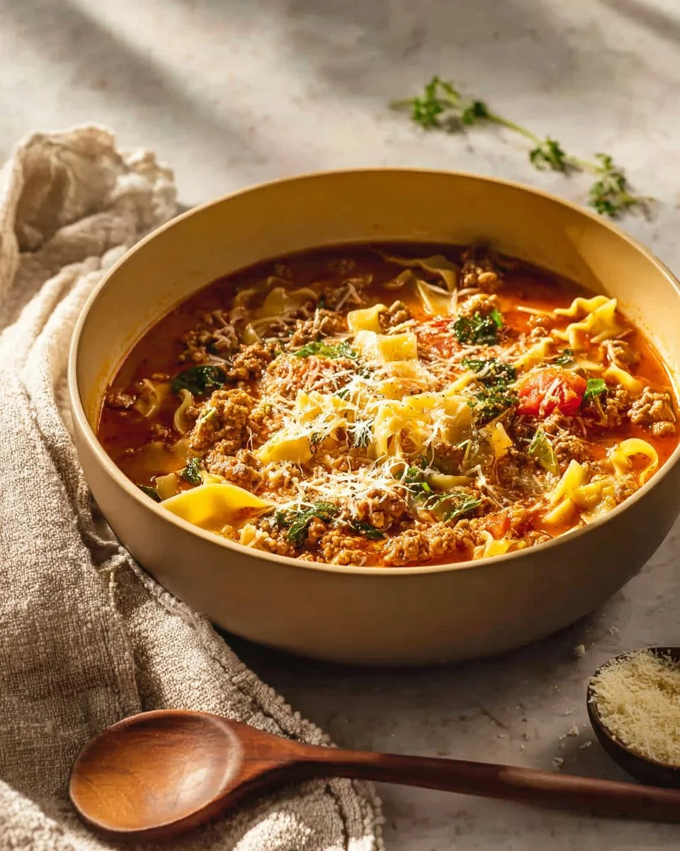 Bowl of hearty turkey lasagna soup with noodles, cheese, and fresh herbs