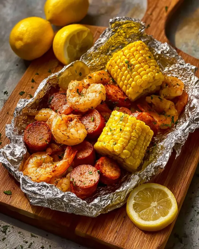 Homemade shrimp foil packets baked in the oven with vegetables and herbs