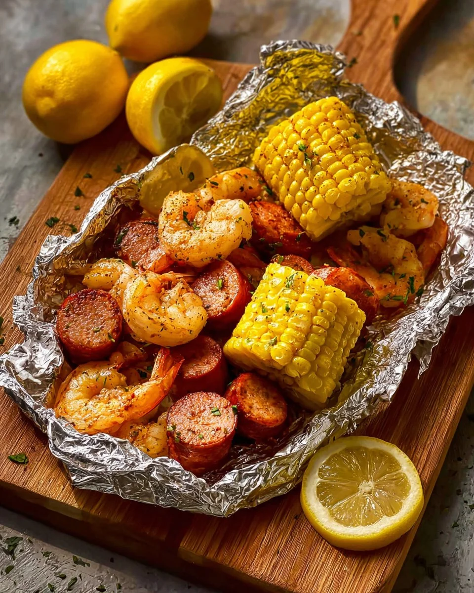 Homemade shrimp foil packets baked in the oven with vegetables and herbs