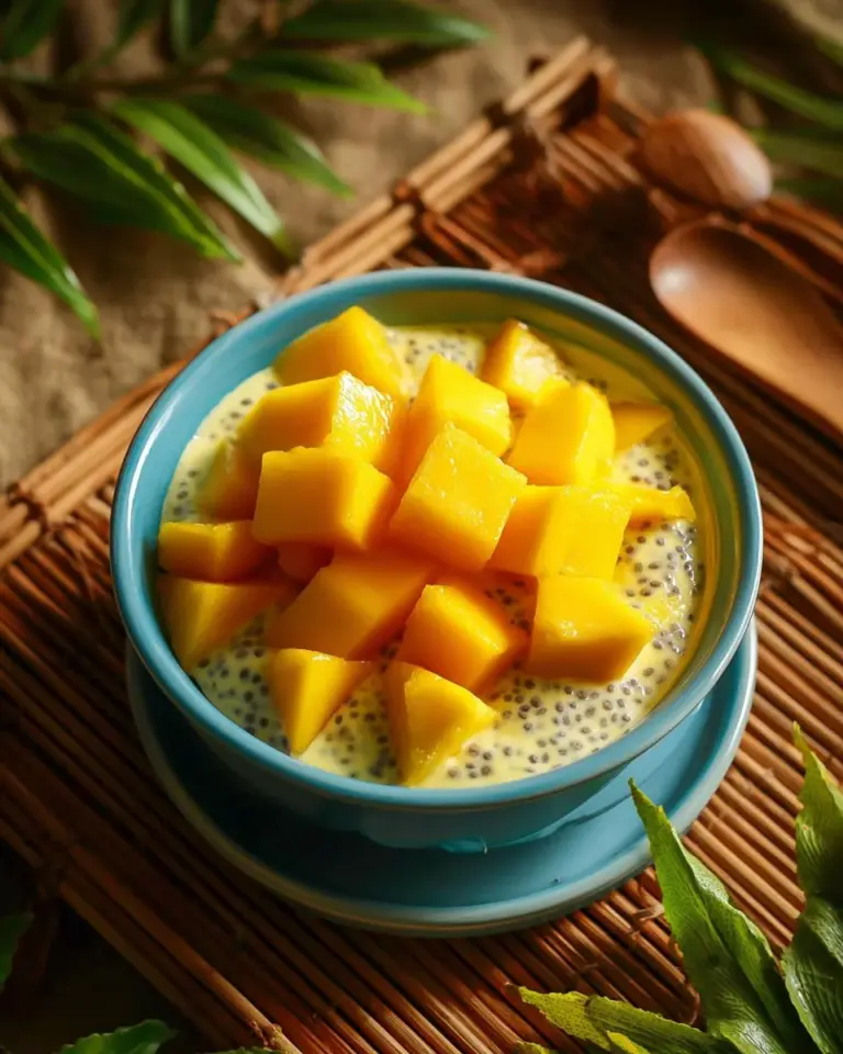 Mango Chia Pudding Cups in a glass with fresh mango slices on top