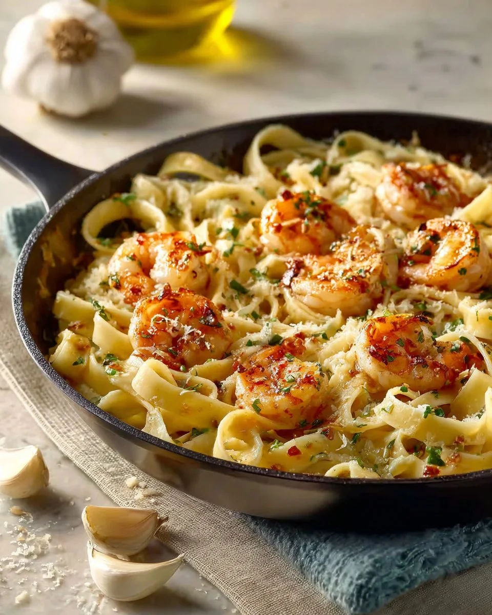 Delicious Parmesan Shrimp Fettuccine garnished with fresh herbs