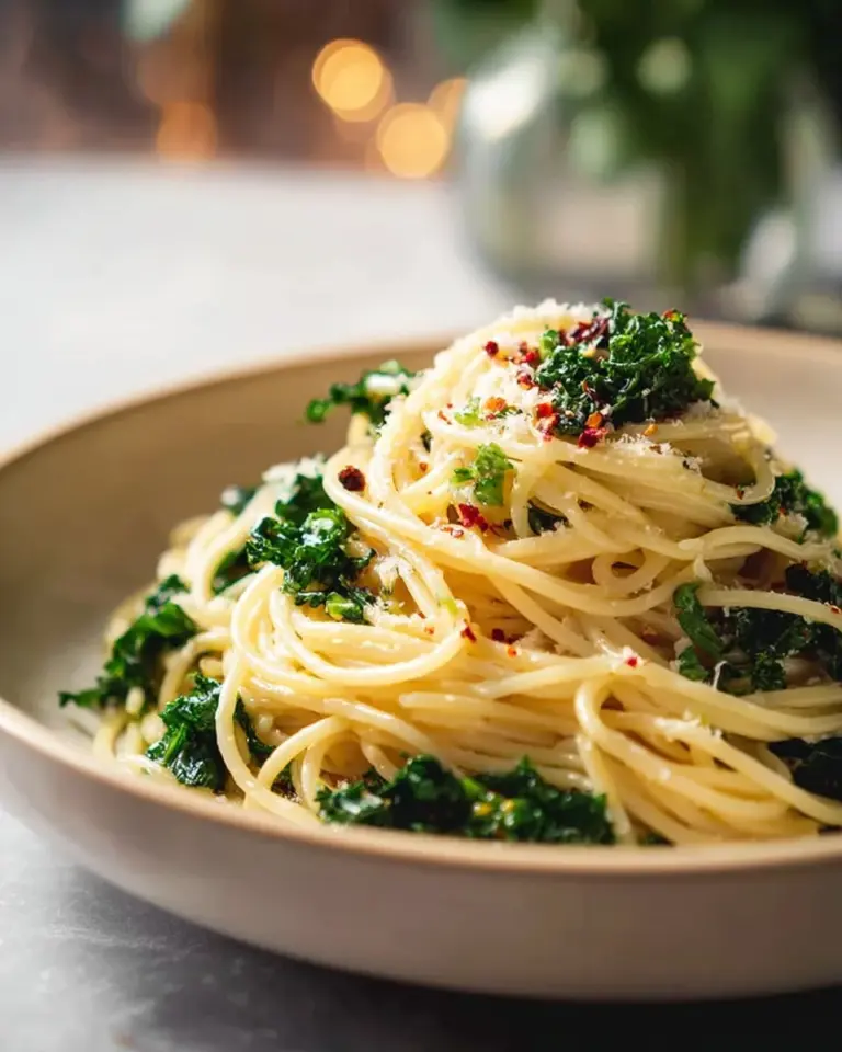 Delicious plate of pasta with garlic, oil, and kale garnished with herbs