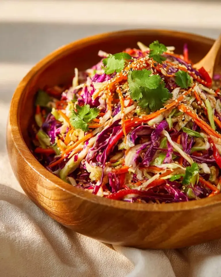 Bowl of quick Asian coleslaw topped with sesame dressing and fresh vegetables
