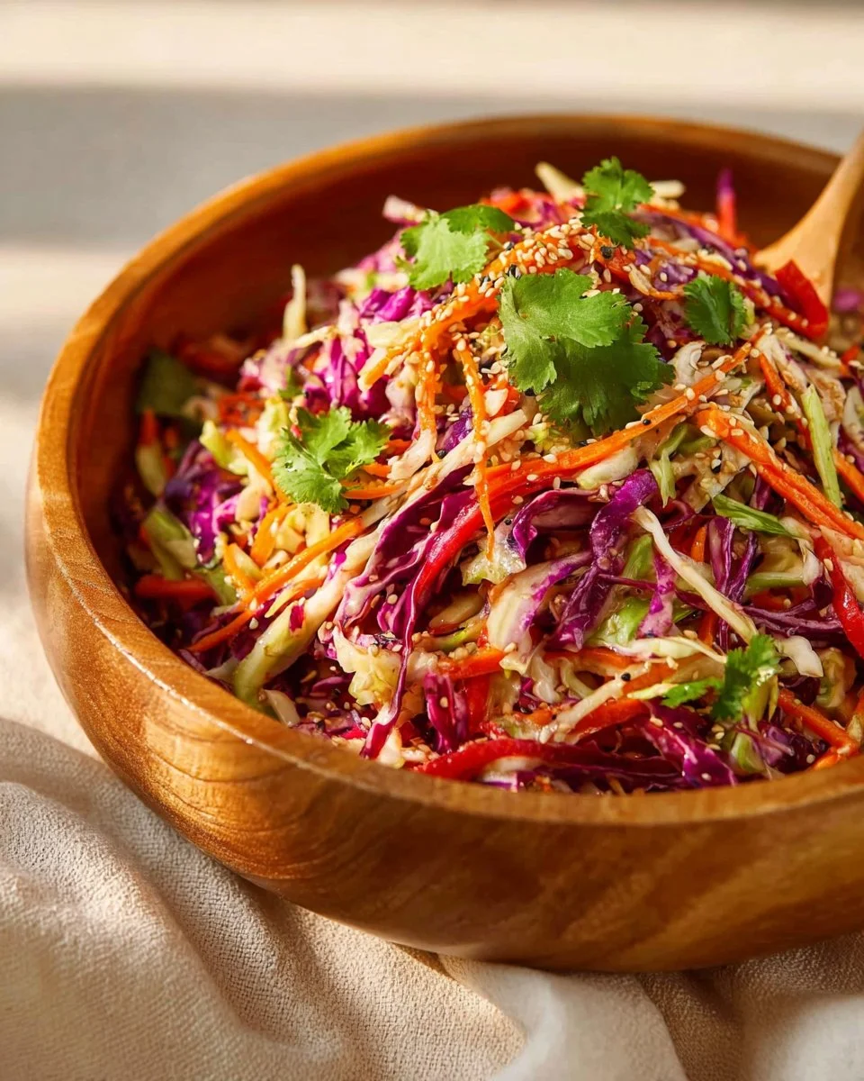 Bowl of quick Asian coleslaw topped with sesame dressing and fresh vegetables