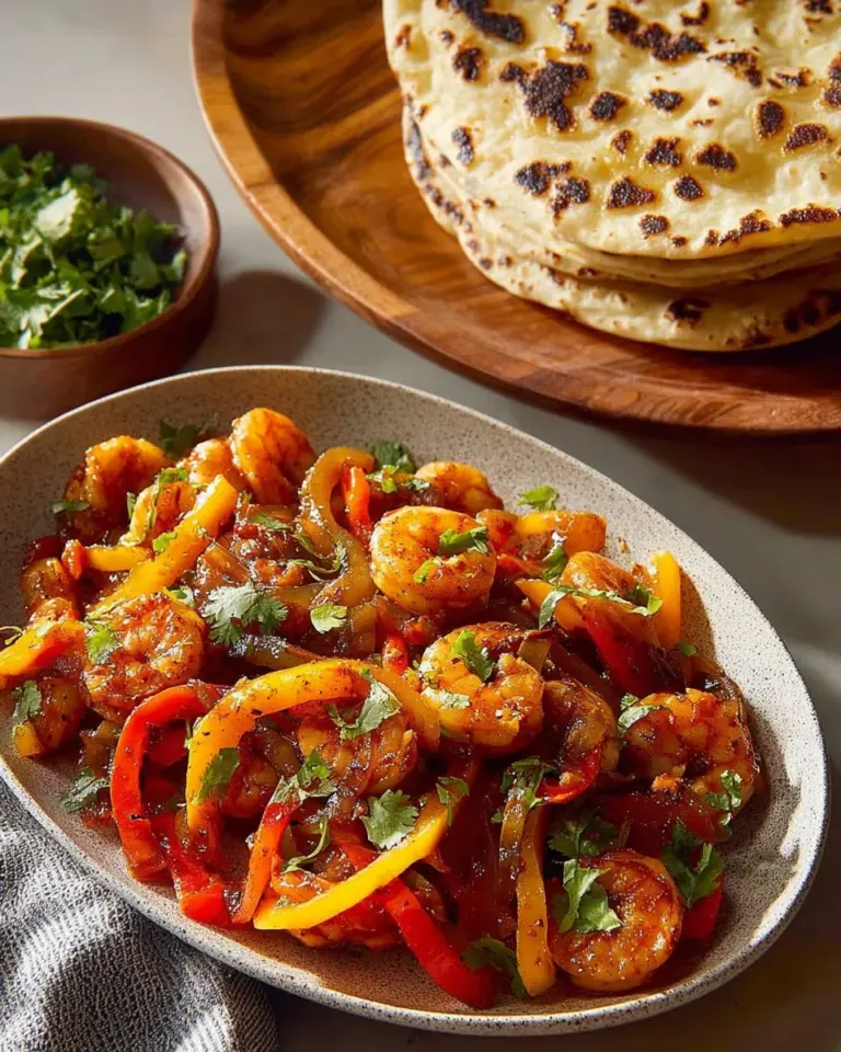 Delicious shrimp fajitas served with colorful peppers and onions.