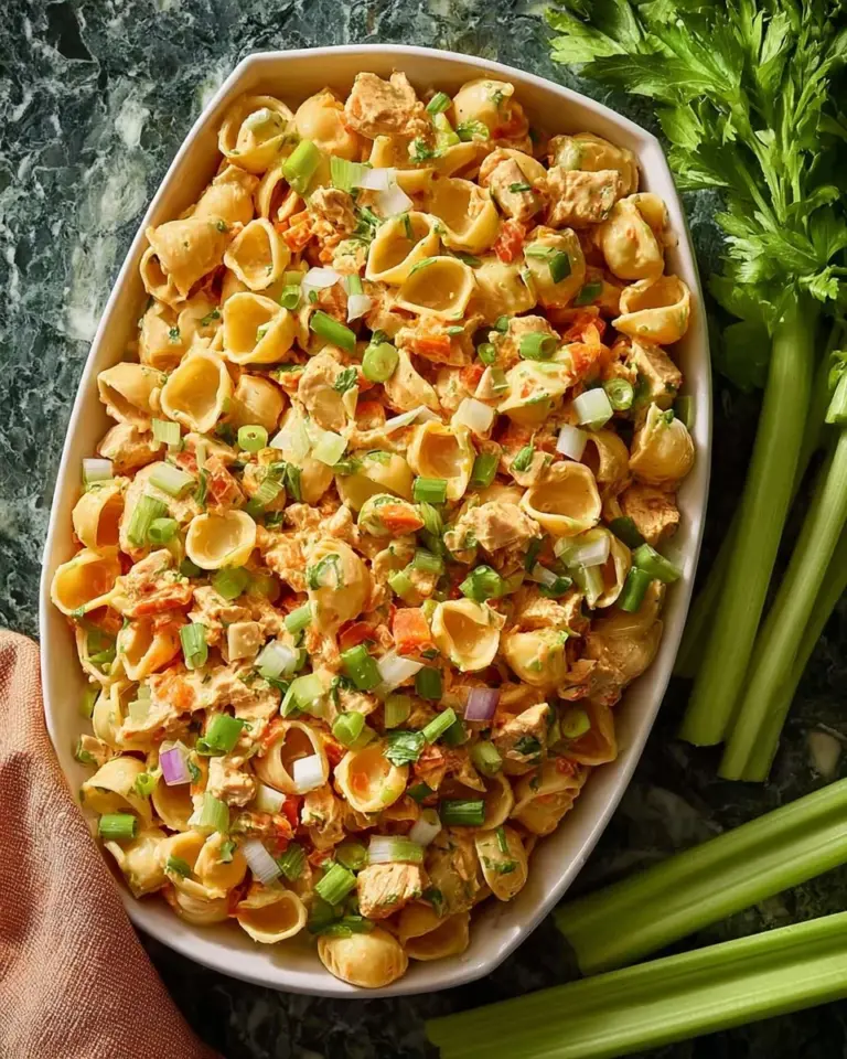 Spicy High Protein Buffalo Pasta Salad in a bowl with vibrant ingredients