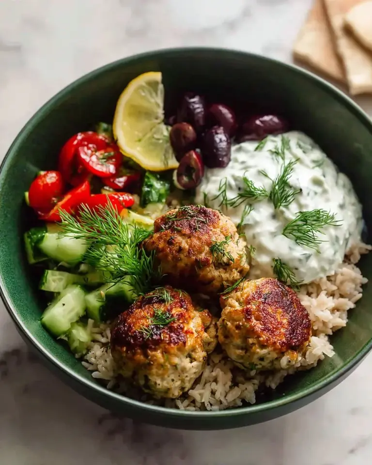 Tzatziki Greek ground turkey meatball bowls garnished with fresh ingredients