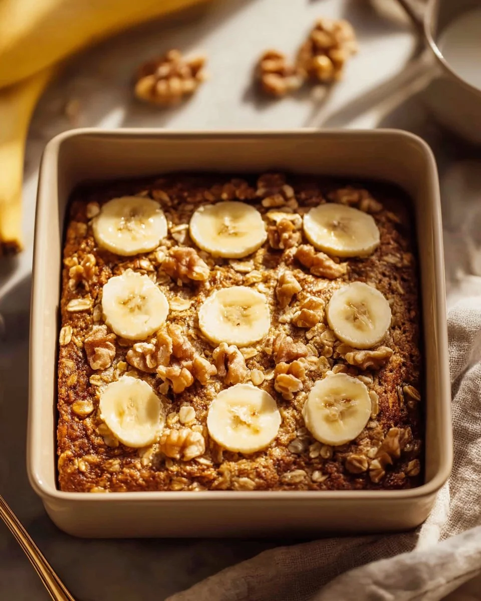 Baked oats made with ripe bananas for a healthy banana bread-inspired breakfast.