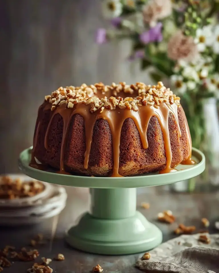 A slice of moist Banana Walnut Cake topped with walnuts and banana slices.
