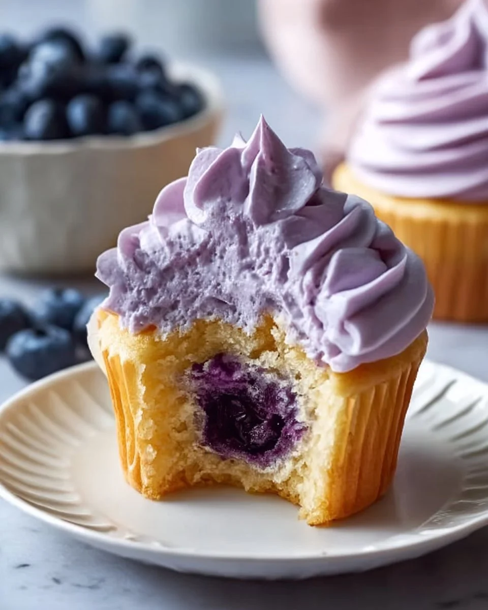 Delicious blueberry cream cheese frosting on a cupcake