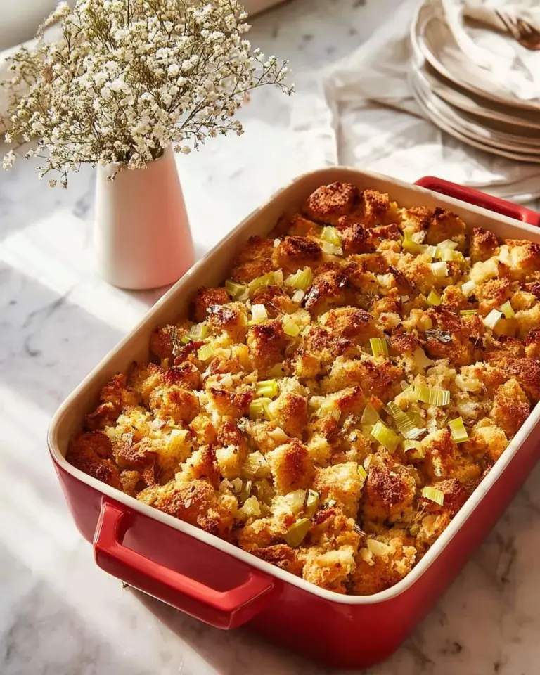 Delicious classic ground turkey and stuffing casserole ready to serve.