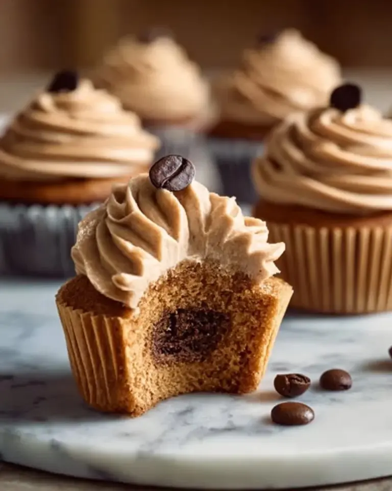 Delicious coffee cupcakes with espresso frosting on a rustic wooden table