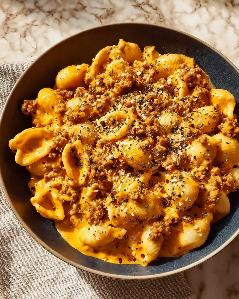 Creamy cheddar turkey macaroni in a bowl, garnished with herbs