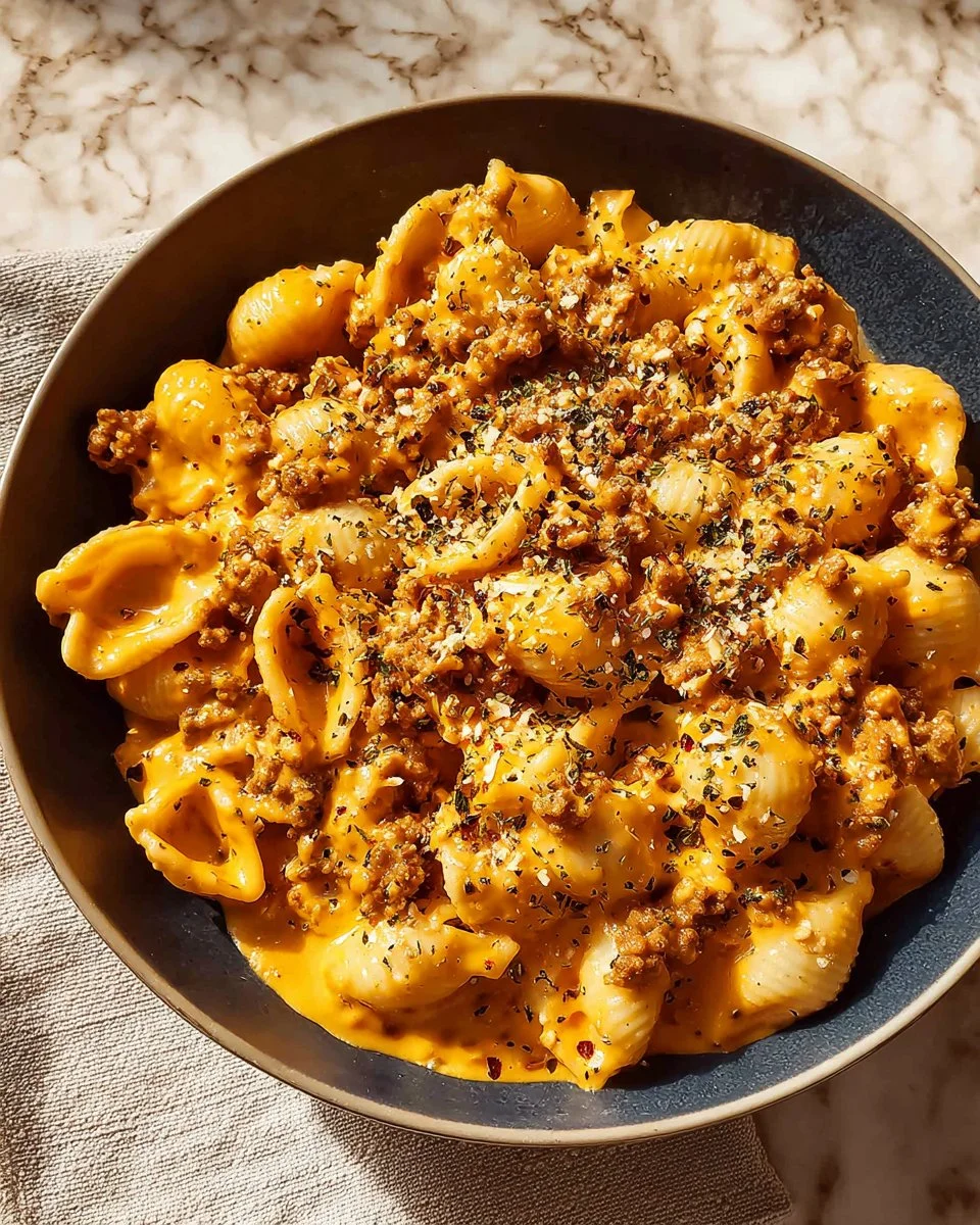 Creamy cheddar turkey macaroni in a bowl, garnished with herbs