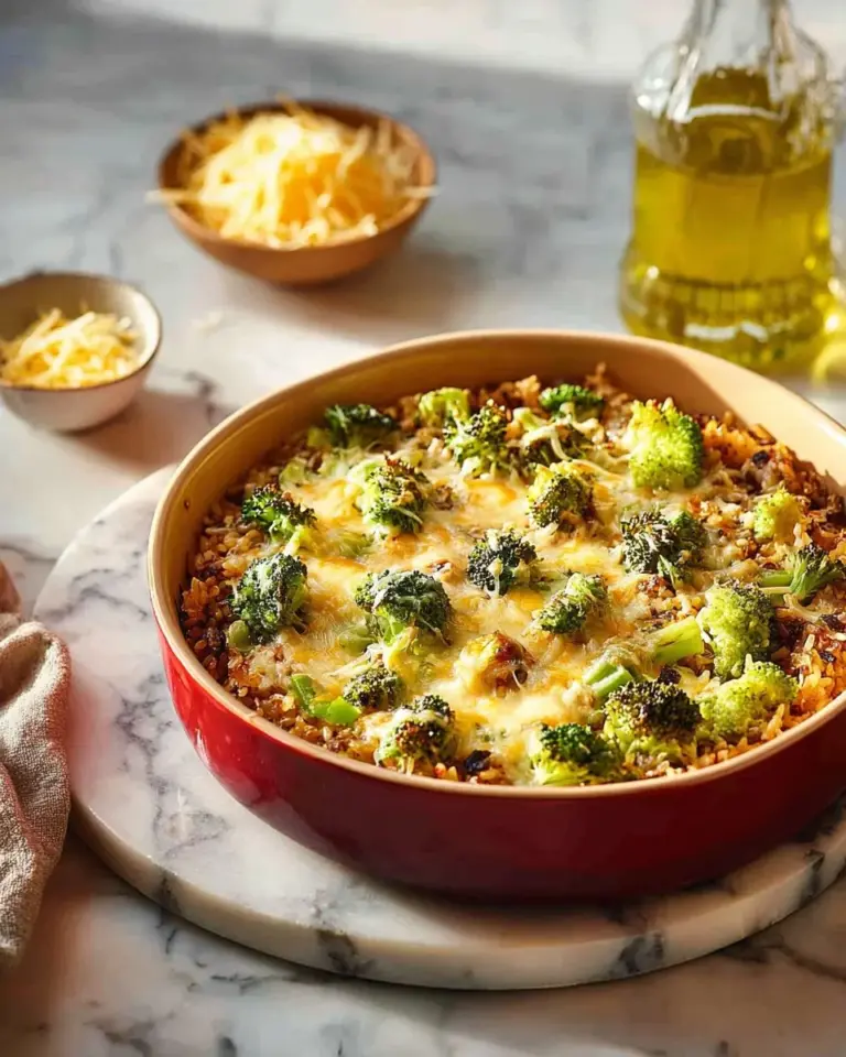 Creamy ground turkey rice casserole topped with cheese and herbs