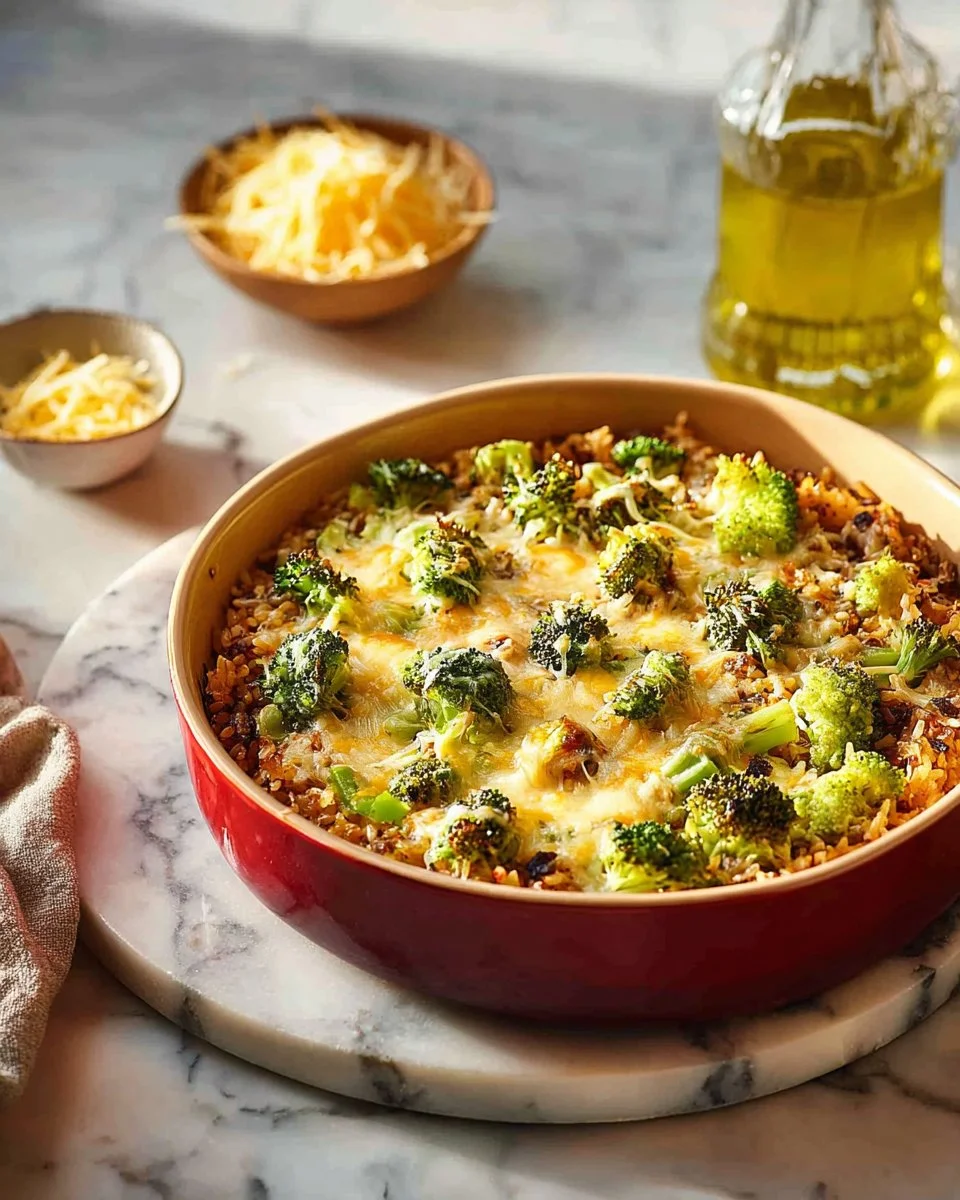 Creamy ground turkey rice casserole topped with cheese and herbs