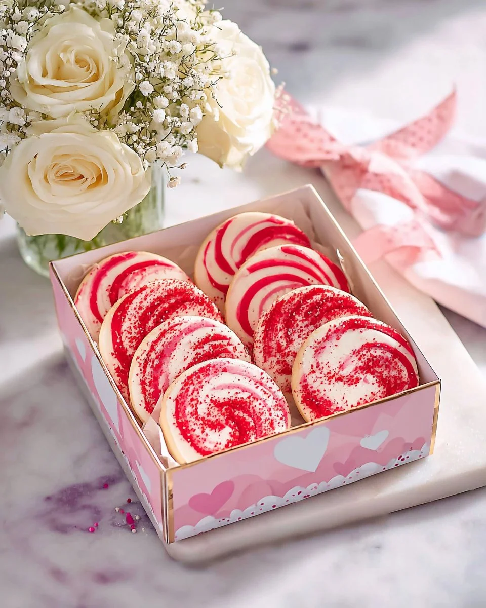 Festive Valentine's Day pinwheel cookies on a decorative plate.