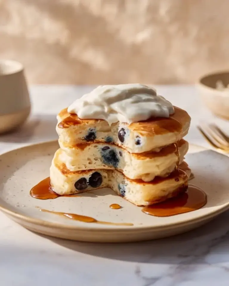 High protein cottage cheese pancakes stack served with fresh fruits