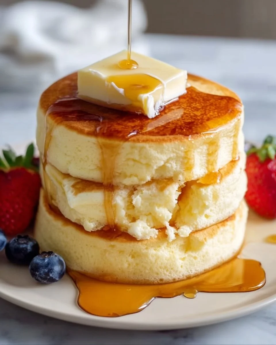 Fluffy Japanese souffle pancakes stacked with maple syrup and berries