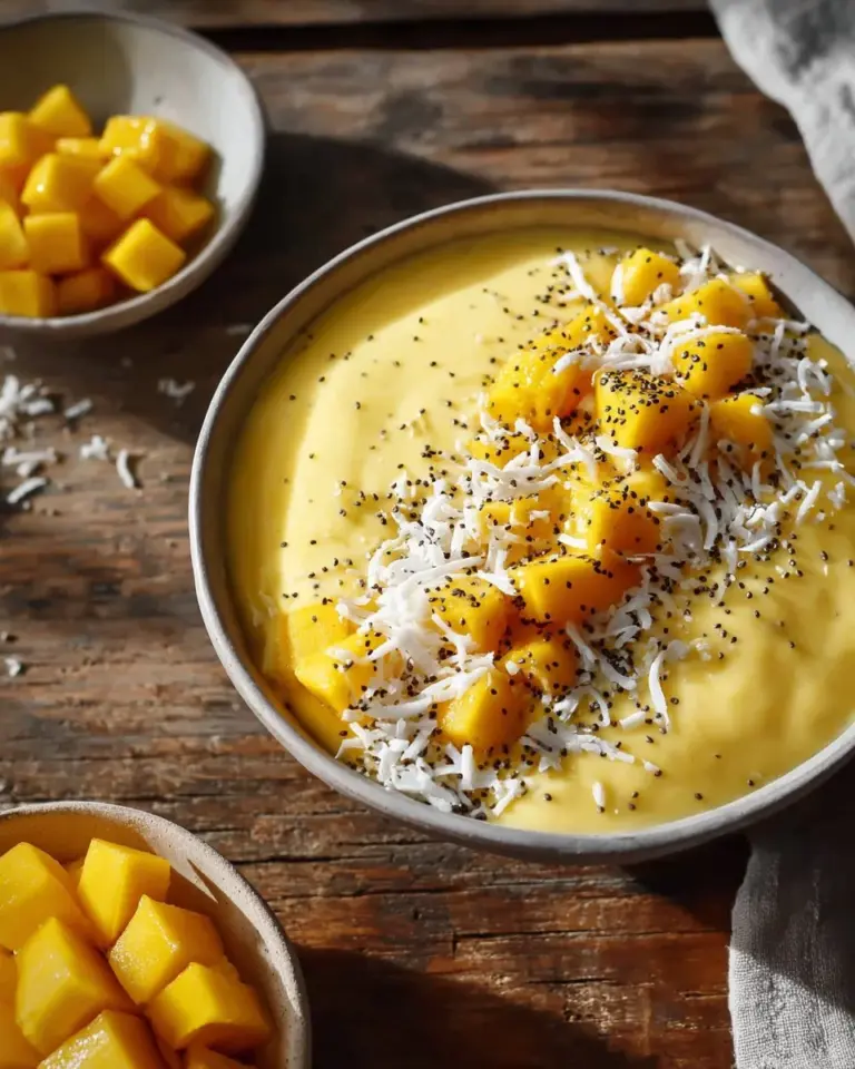 Delicious mango smoothie bowl topped with fresh fruits and seeds