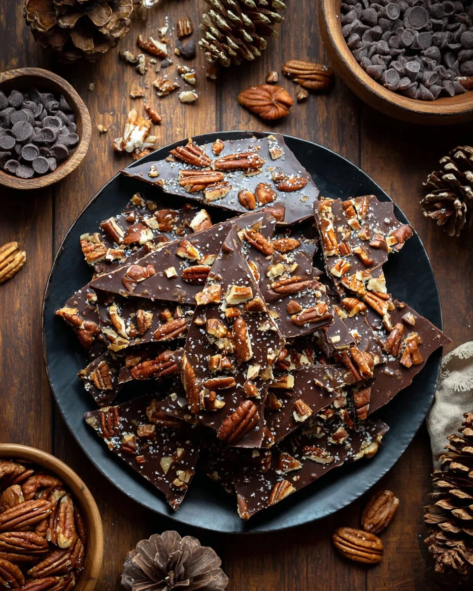 Plate of homemade Maple Pecan Christmas Crack with nuts and caramel.