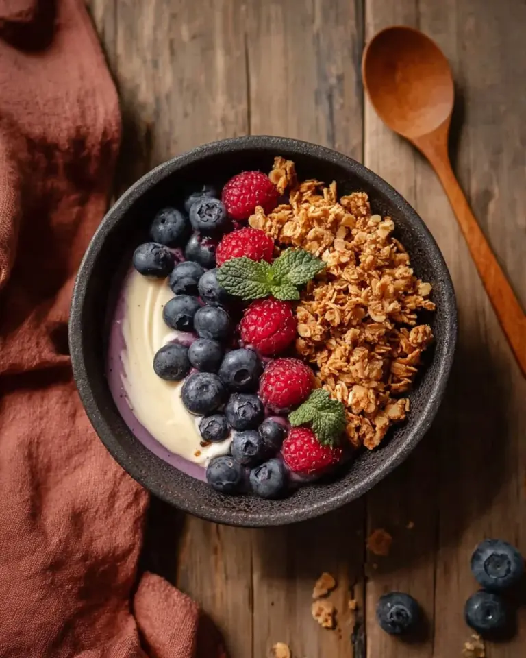 Nutritious smoothie breakfast bowl with fresh fruits and granola toppings