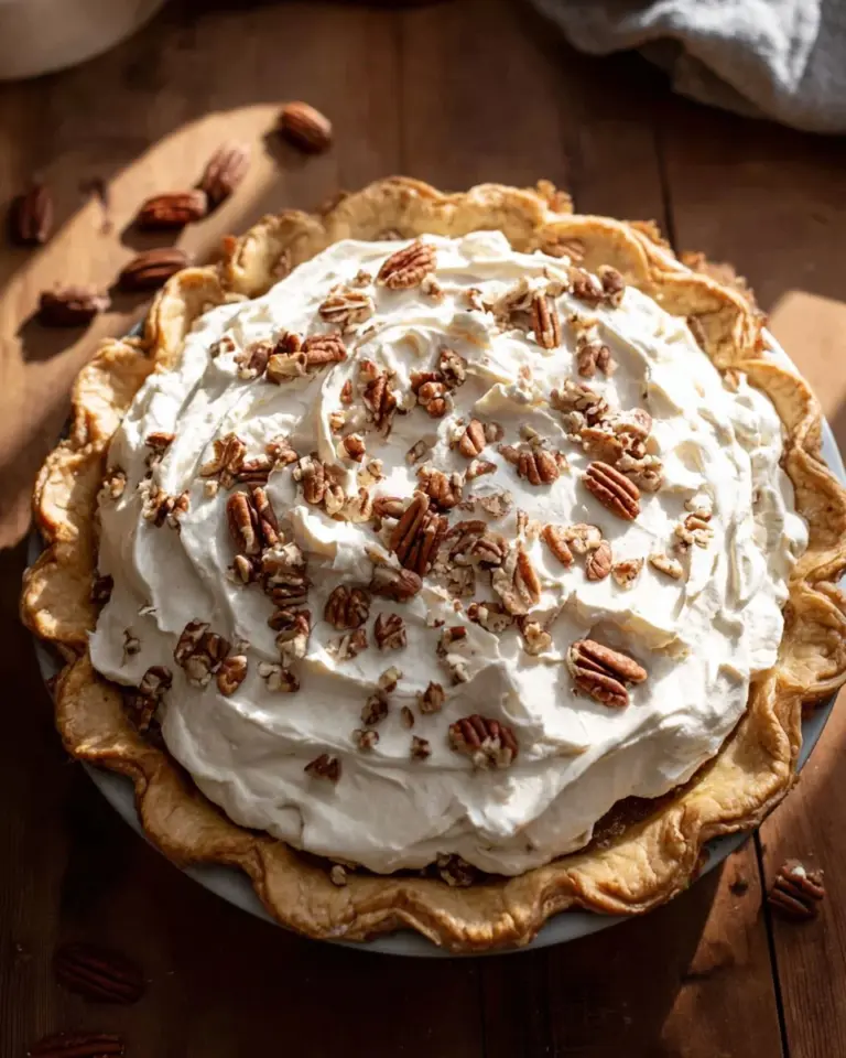 Delicious Pecan Cream Pie topped with pecans and whipped cream