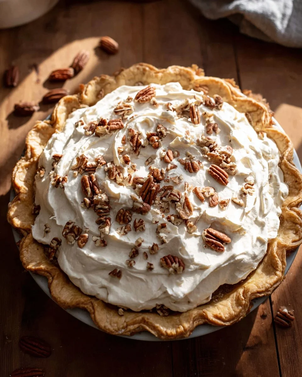 Delicious Pecan Cream Pie topped with pecans and whipped cream