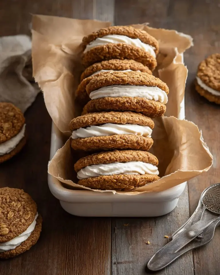 Delicious pumpkin spice oatmeal cream pies with creamy filling between oatmeal cookies.