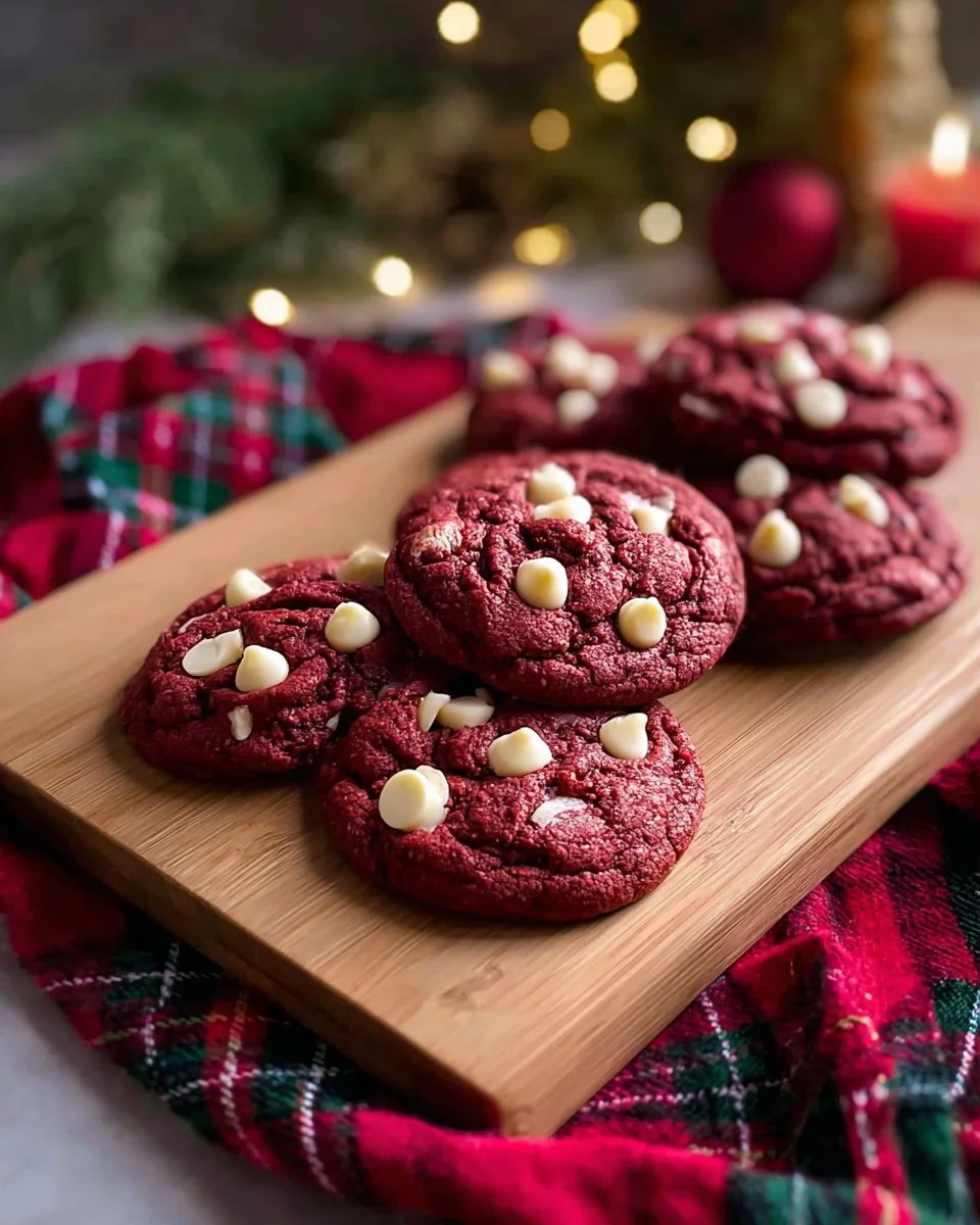 Delicious red velvet hot chocolate cookies decorated with chocolate drizzle.