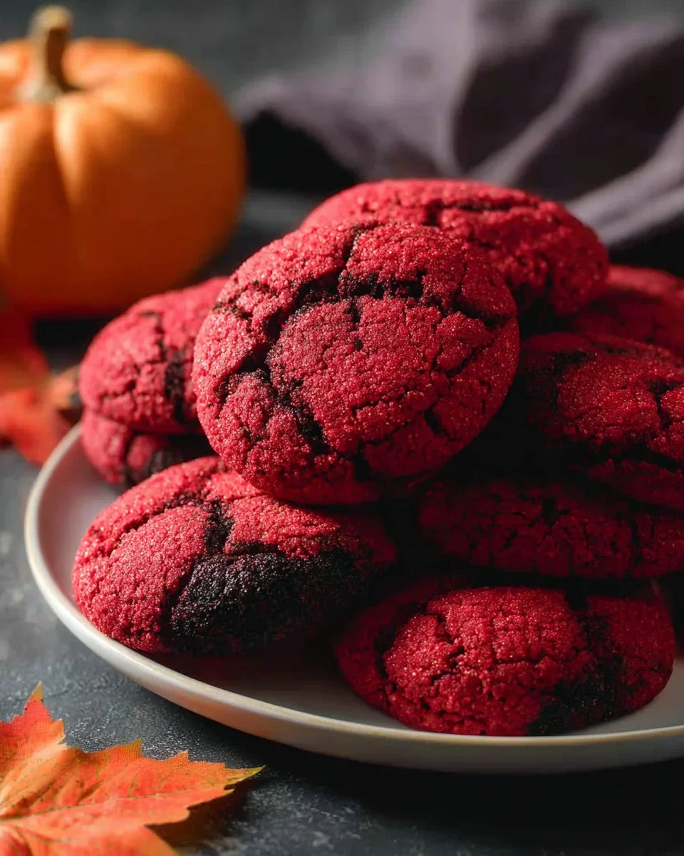 Soft Halloween red velvet cookies decorated with spooky shapes and colors