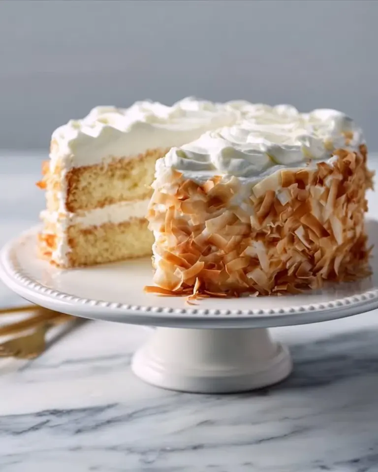 Delicious Sour Cream Coconut Cake topped with coconut flakes and frosting