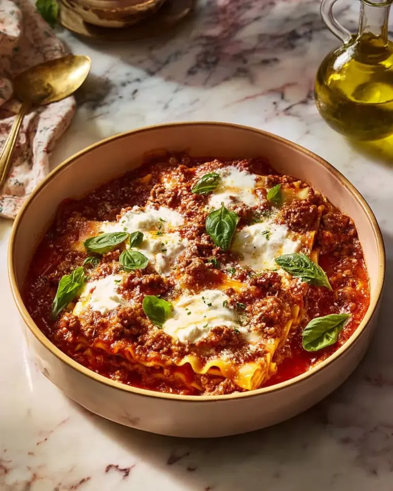 Bowl of Spinach Italian Sausage Lasagna Soup garnished with fresh herbs