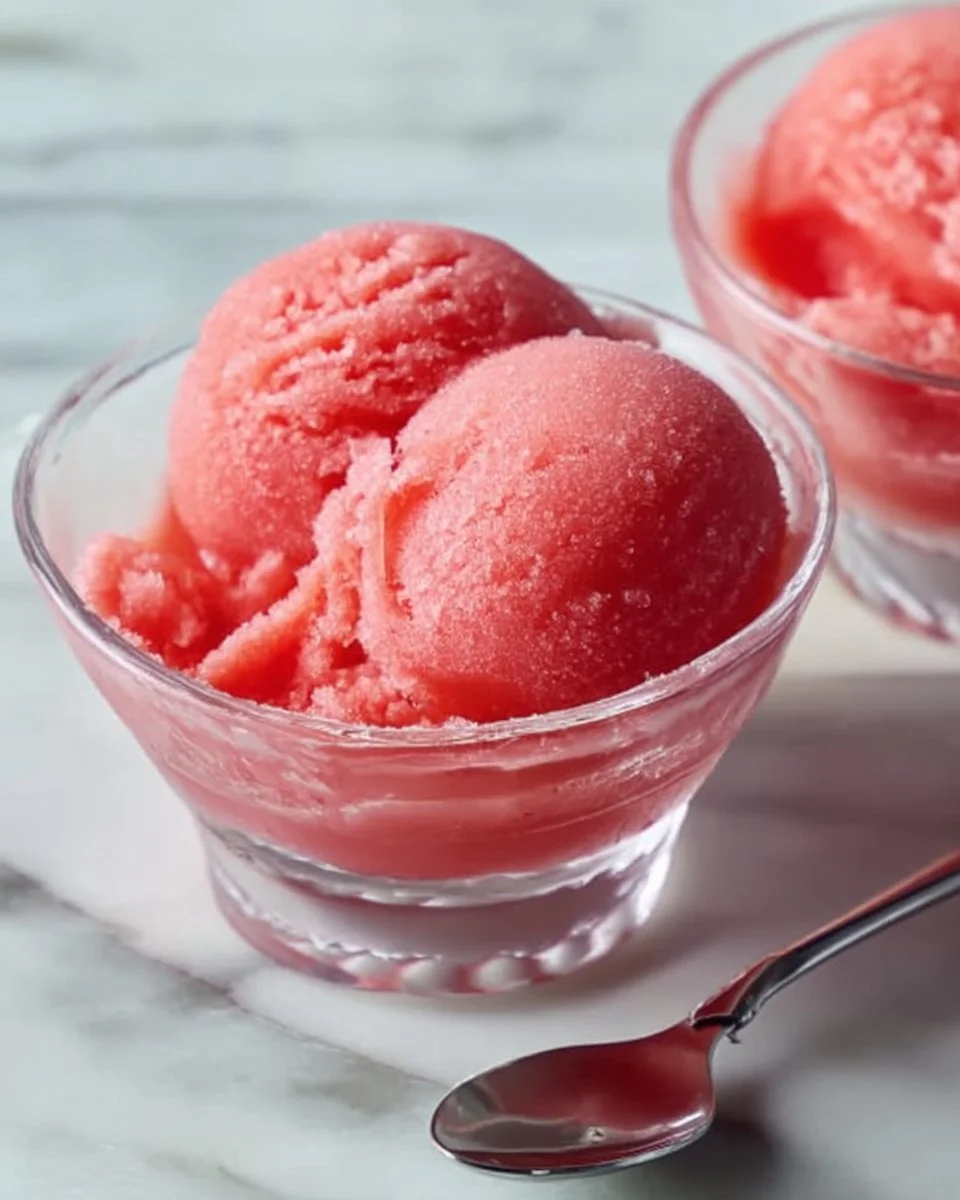 Bowl of homemade watermelon sorbet garnished with mint leaves