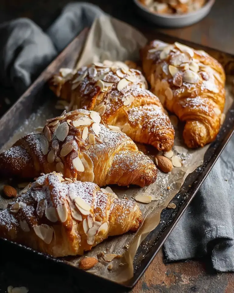 Freshly baked almond croissants with a golden crust and almond filling