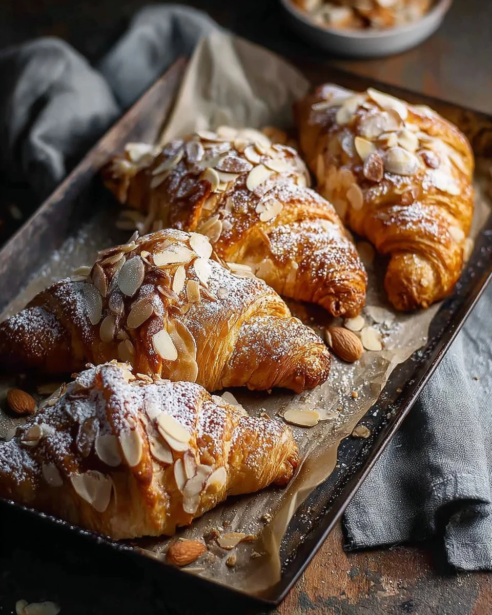 Freshly baked almond croissants with a golden crust and almond filling