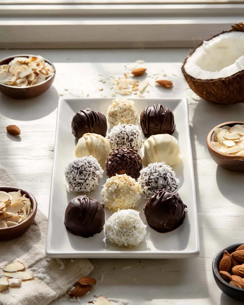 Deliciously crafted Almond Joy Truffles with chocolate, coconut, and almonds.