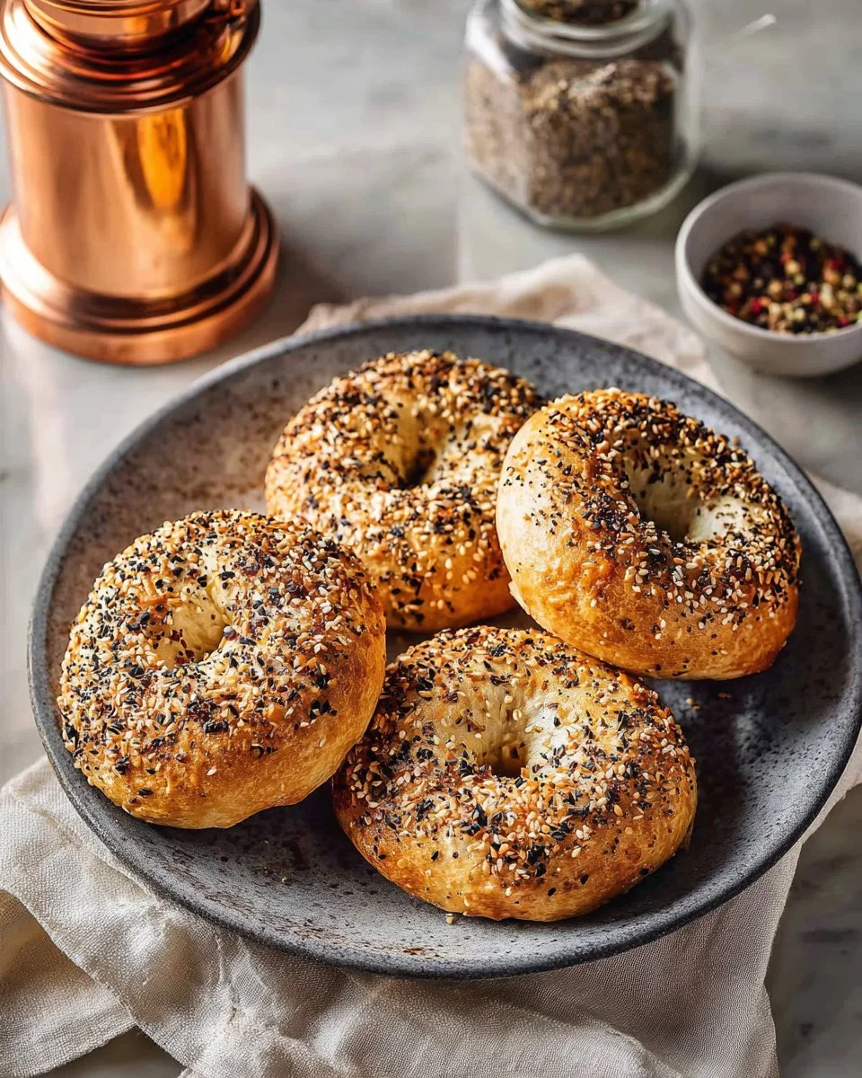 Baked protein bagels on a wooden table with toppings