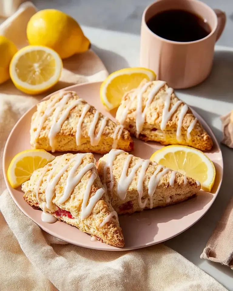 Bakery style strawberry scones with lemon glaze on a plate