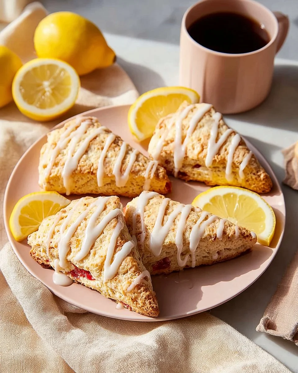 Bakery style strawberry scones with lemon glaze on a plate