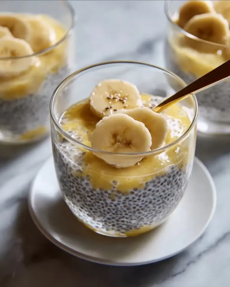 Delicious bowl of banana chia pudding topped with fresh banana slices.