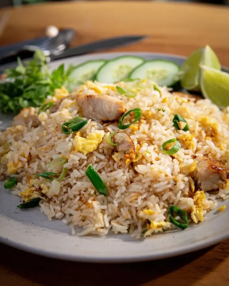 Plate of Thai Fried Rice made with leftover roast, garnished with fresh vegetables.